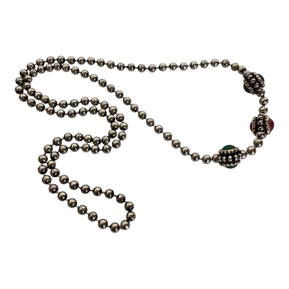 Gripoix Style Silver Tone Bead Ball Chain Multicolor 3 Ball Pendant 18" Necklace - Picture 12 of 16